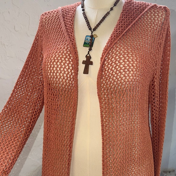 ELAN Crochet Bronze Copper Open Front Hooded Duster Cardigan Jacket Cover-up L - Picture 1 of 10